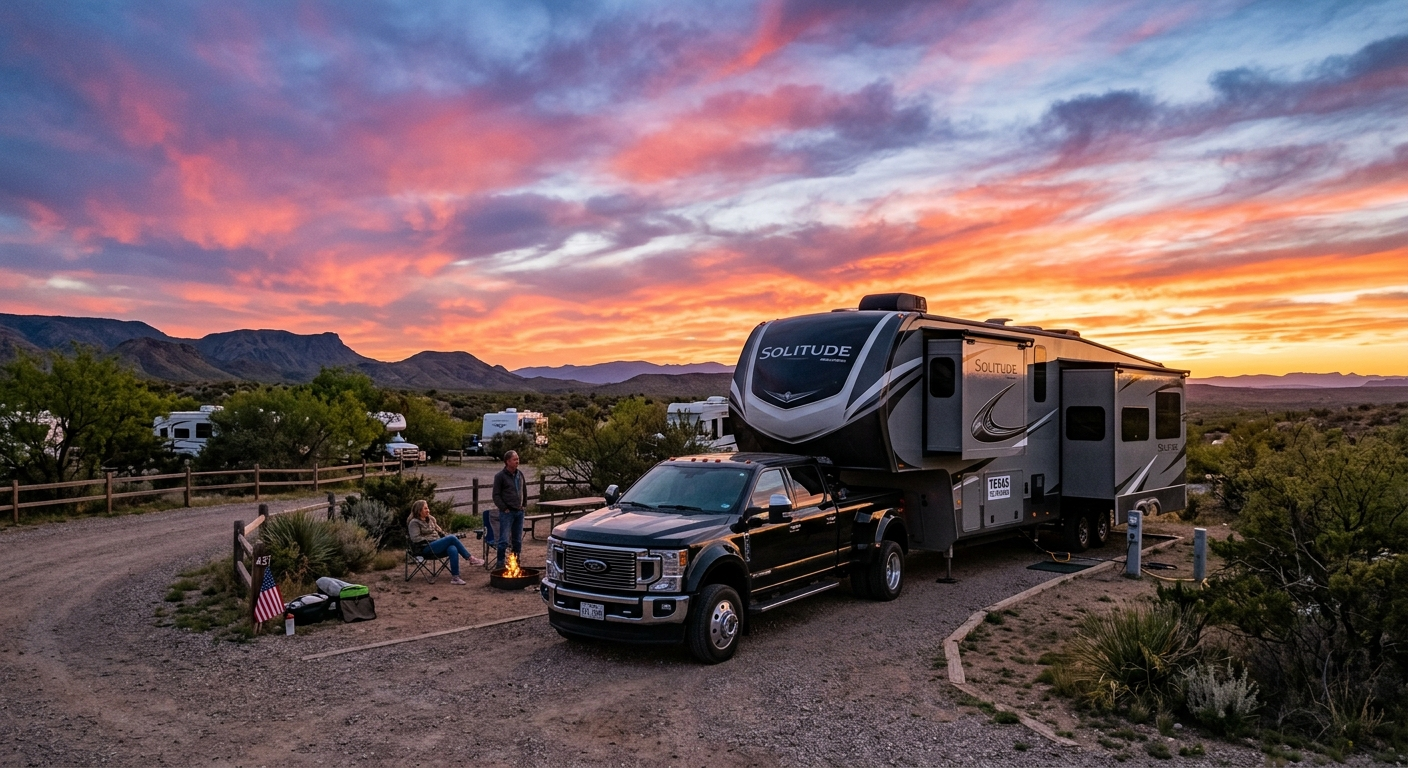 A large fifth wheel trailer hitched to a pickup truck parked at a Texas campsite with open sky and dry grassland in the