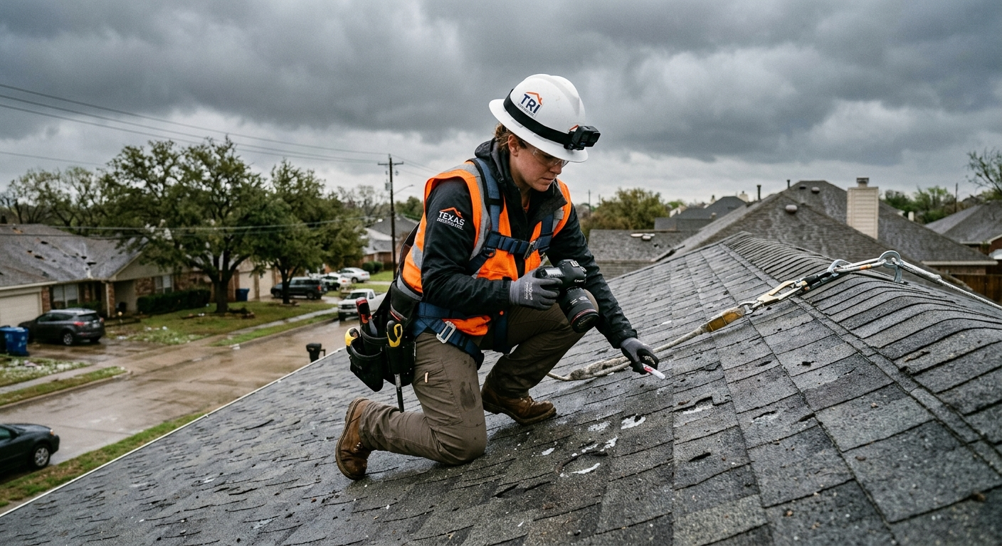 A Fort Worth brick ranch home with a new shingle roof under a stormy Texas sky with dark hail clouds approaching from the