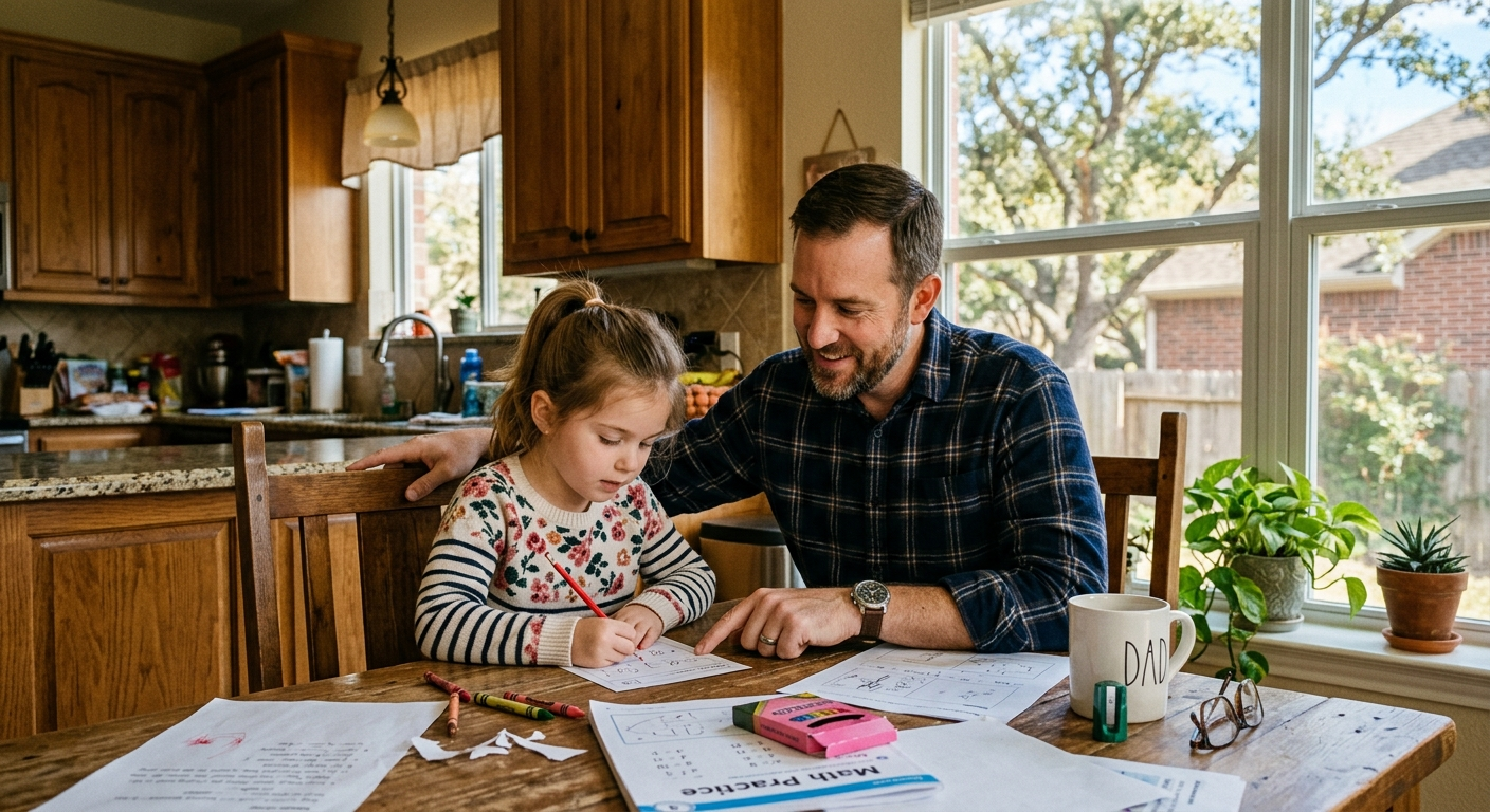 A smiling couple reviewing life insurance documents together at a kitchen table in a Fort Worth home
