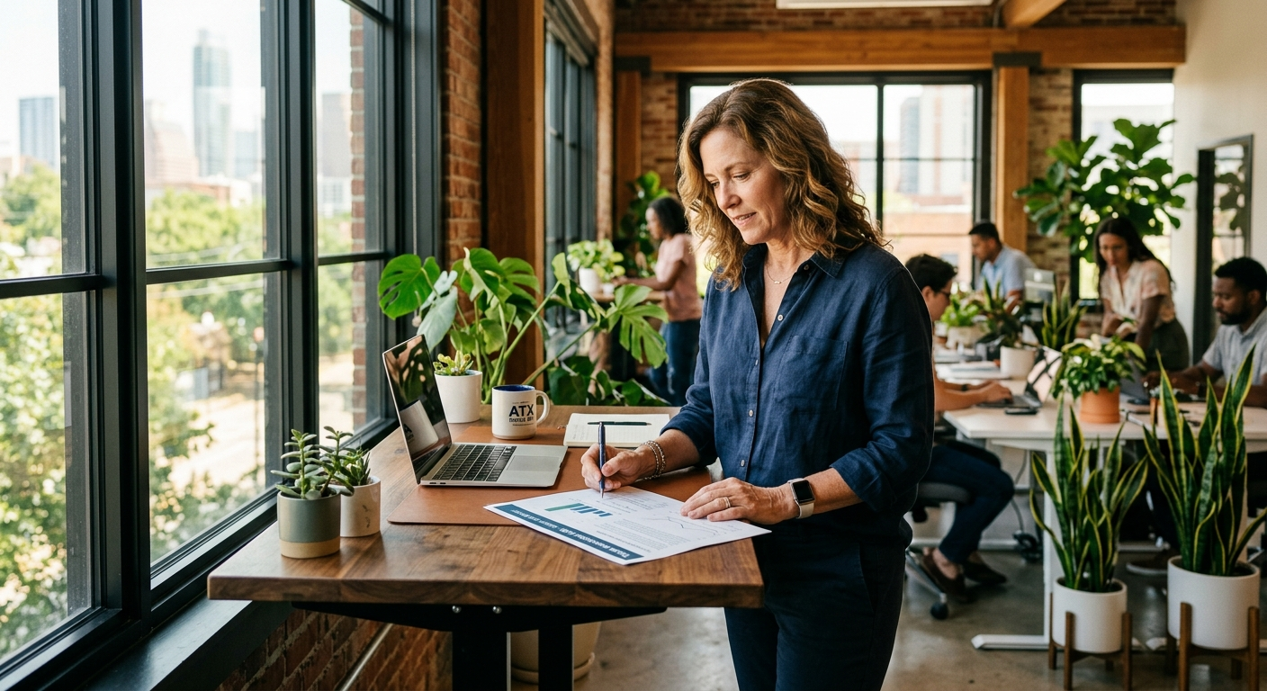 Small business owner reviewing insurance documents at a desk in a Fort Worth, Texas office