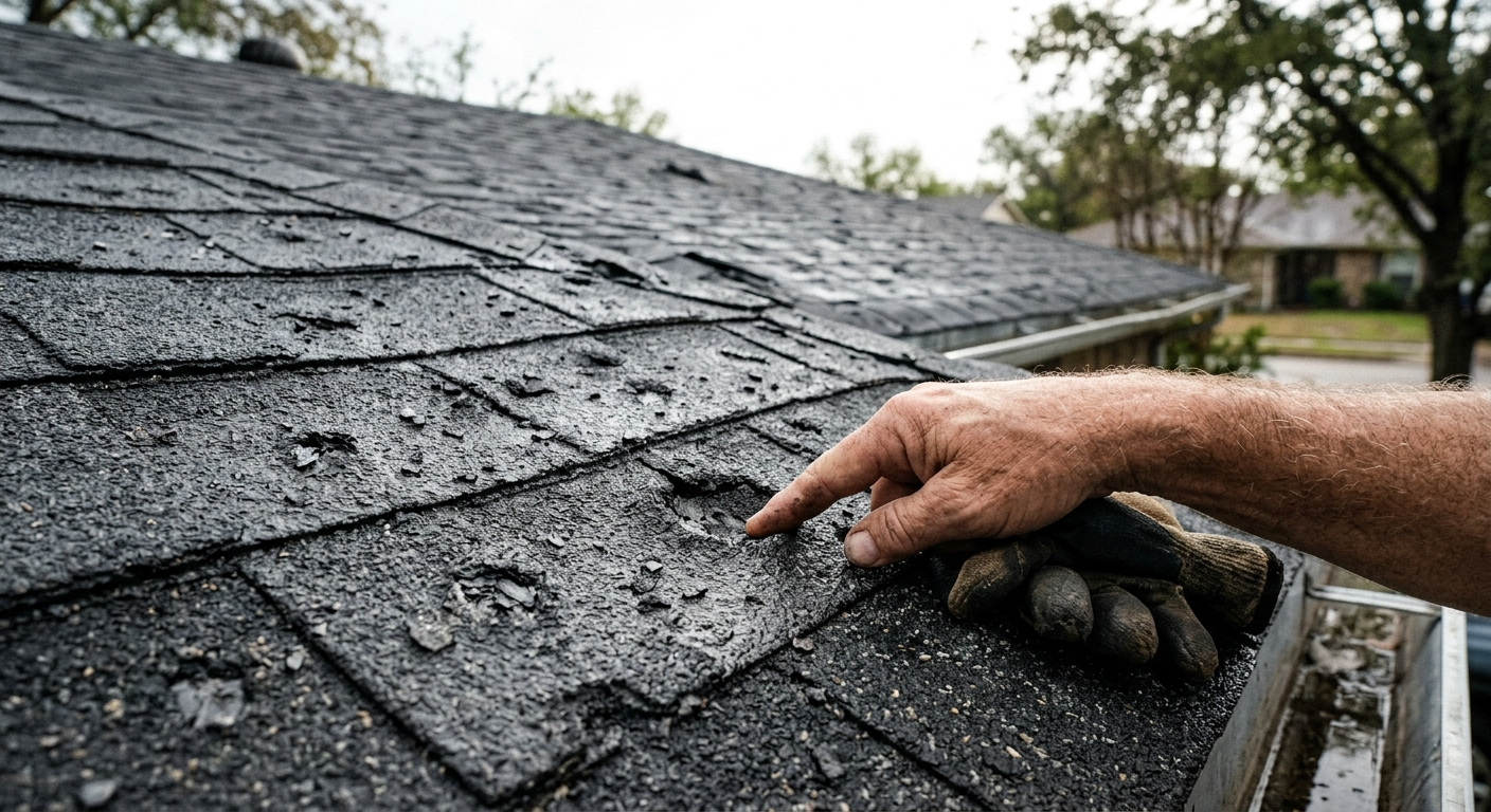 Large hail stones scattered across a residential roof with damaged shingles in a North Texas suburban neighborhood after a