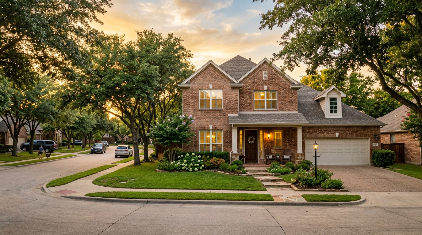 A brick single-family home in a Keller Texas neighborhood under a partly cloudy Texas sky with green lawn in front