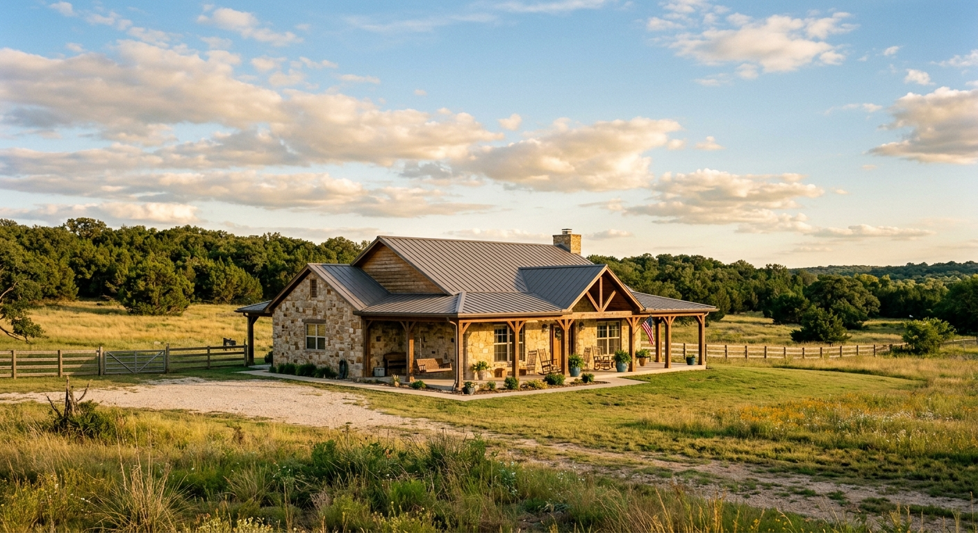 A brick ranch-style home in Weatherford Texas with storm clouds building on the horizon over an open field