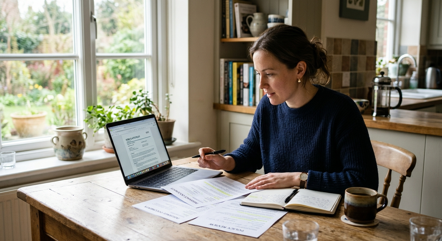 Independent insurance agent sitting across a desk from a couple in a North Texas office, reviewing car insurance documents
