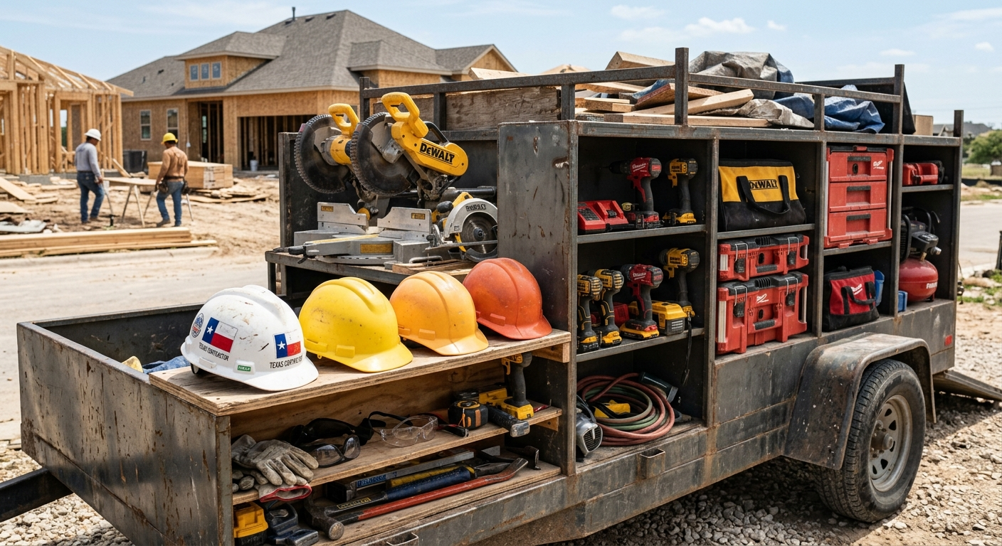 Construction worker loading power tools into a truck bed on a job site in North Texas under a clear sky
