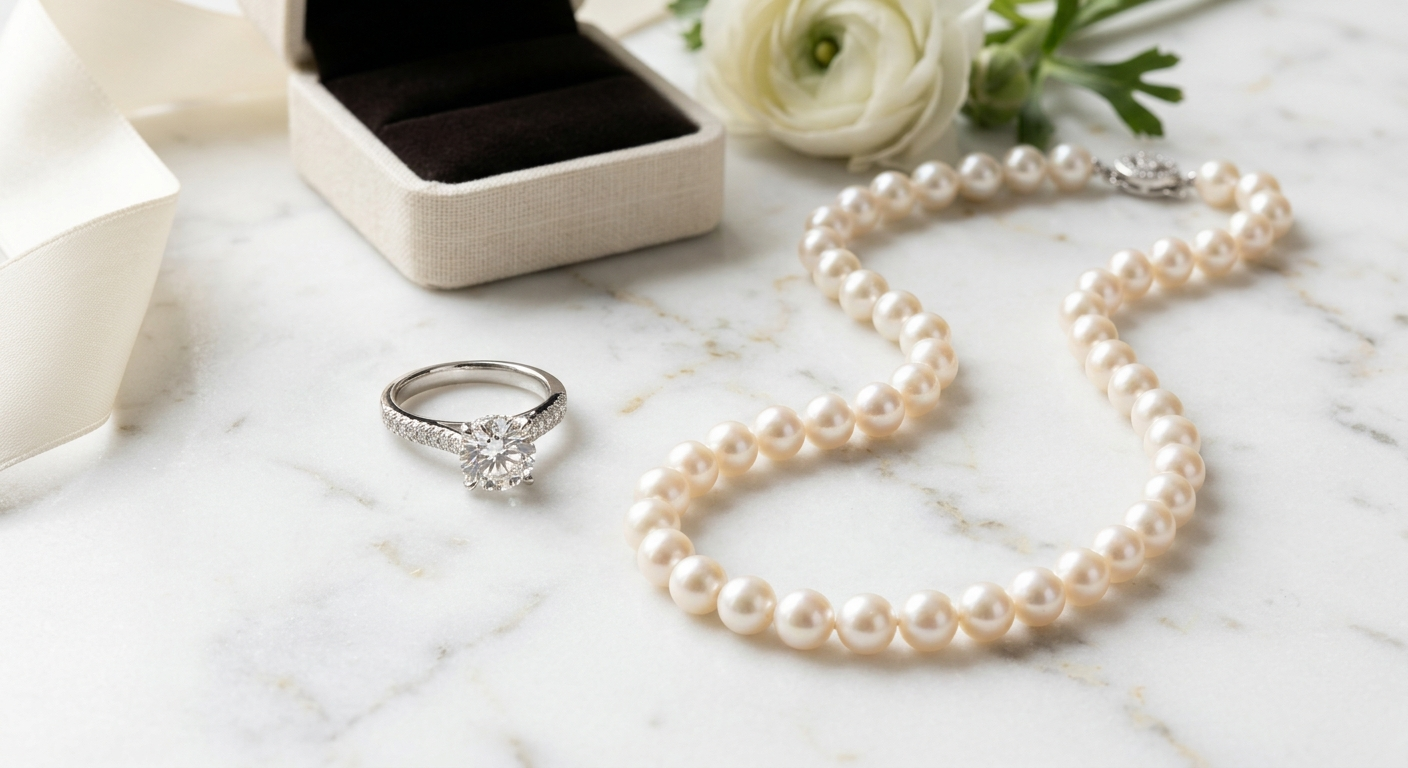 Close-up of an engagement ring, luxury watch, and pearl necklace arranged on a white velvet jewelry tray