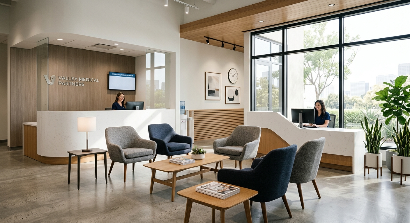 Medical office reception desk with stethoscope, clipboard, and insurance documents in a North Texas clinic