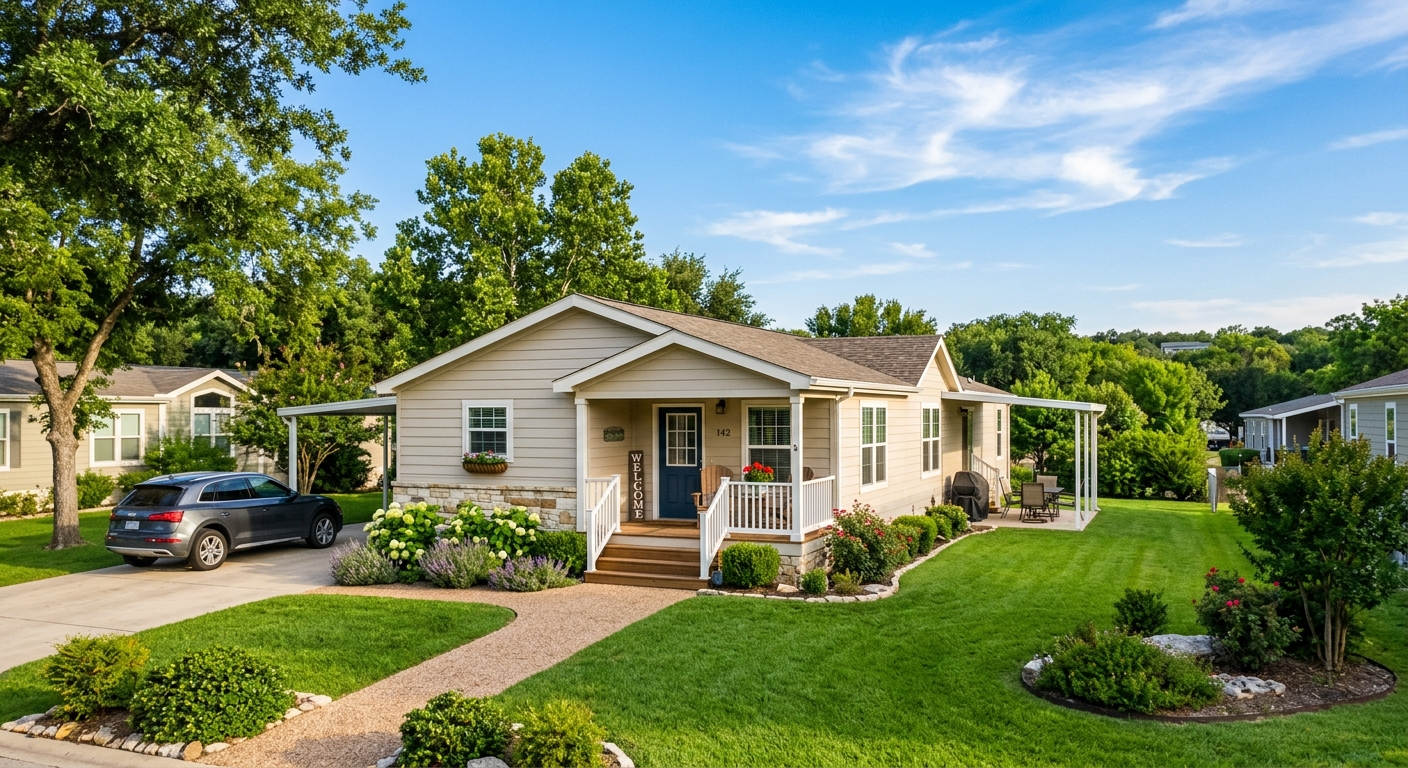 A white manufactured home on a green lot in North Texas on a partly cloudy afternoon