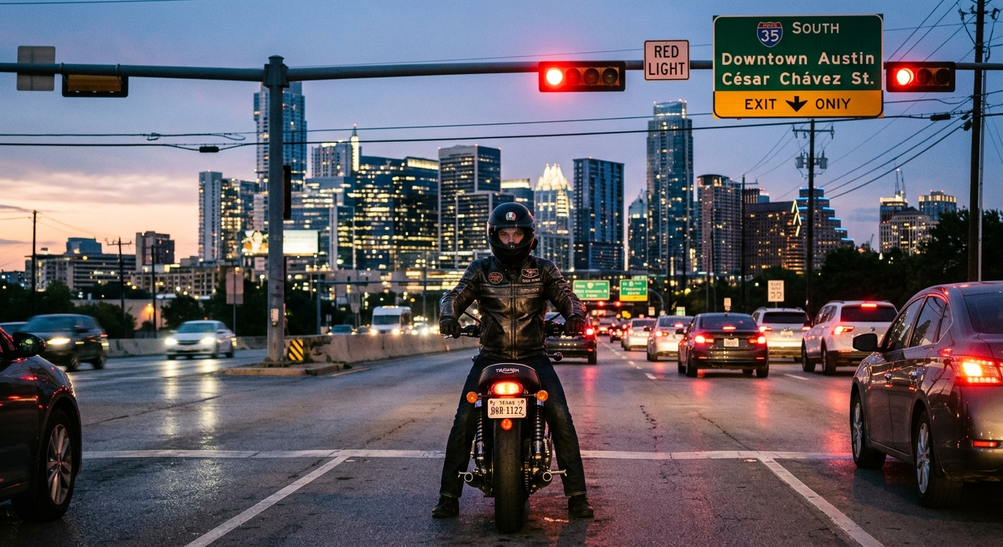 Motorcyclist riding on a Texas highway on a clear day with open road and blue sky ahead