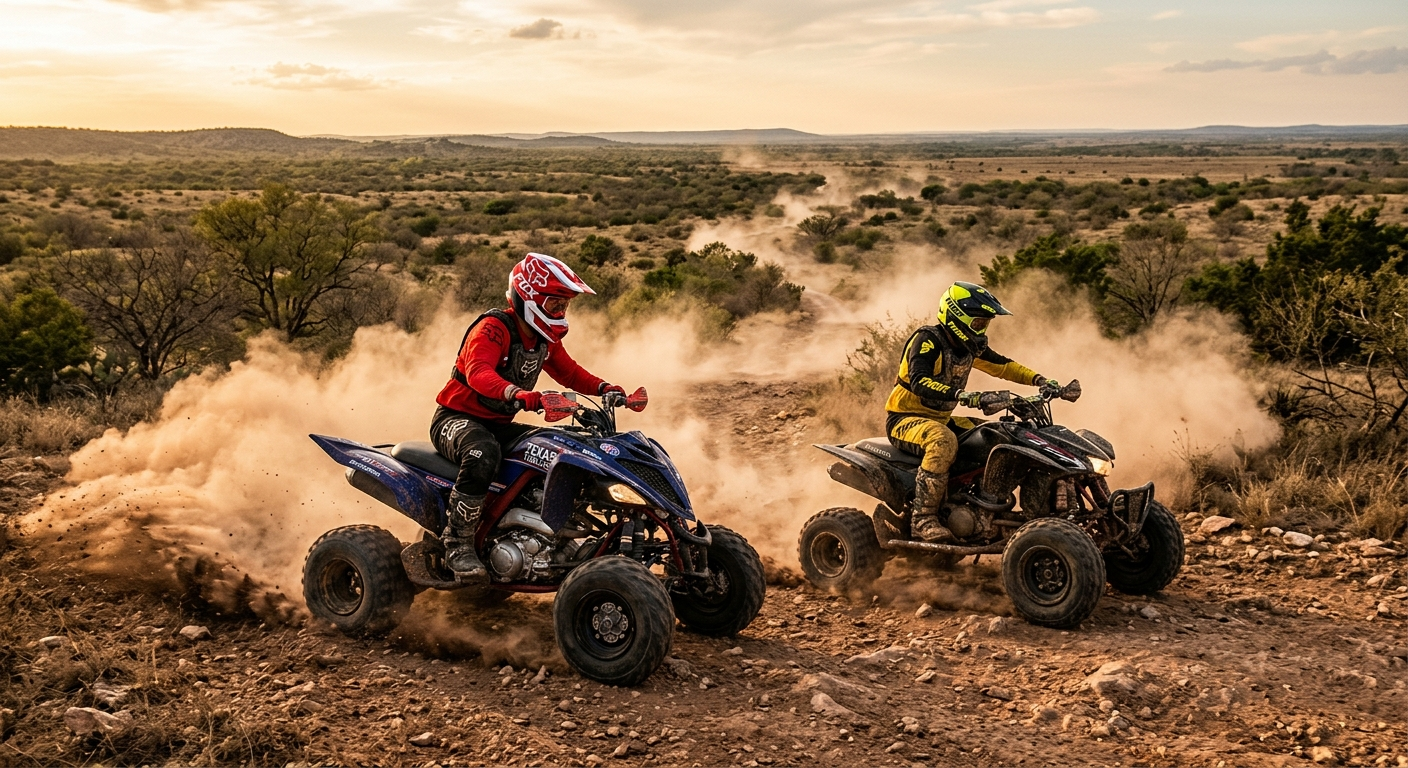 Two riders on ATVs crossing a dusty trail through Texas ranch land under a clear blue sky
