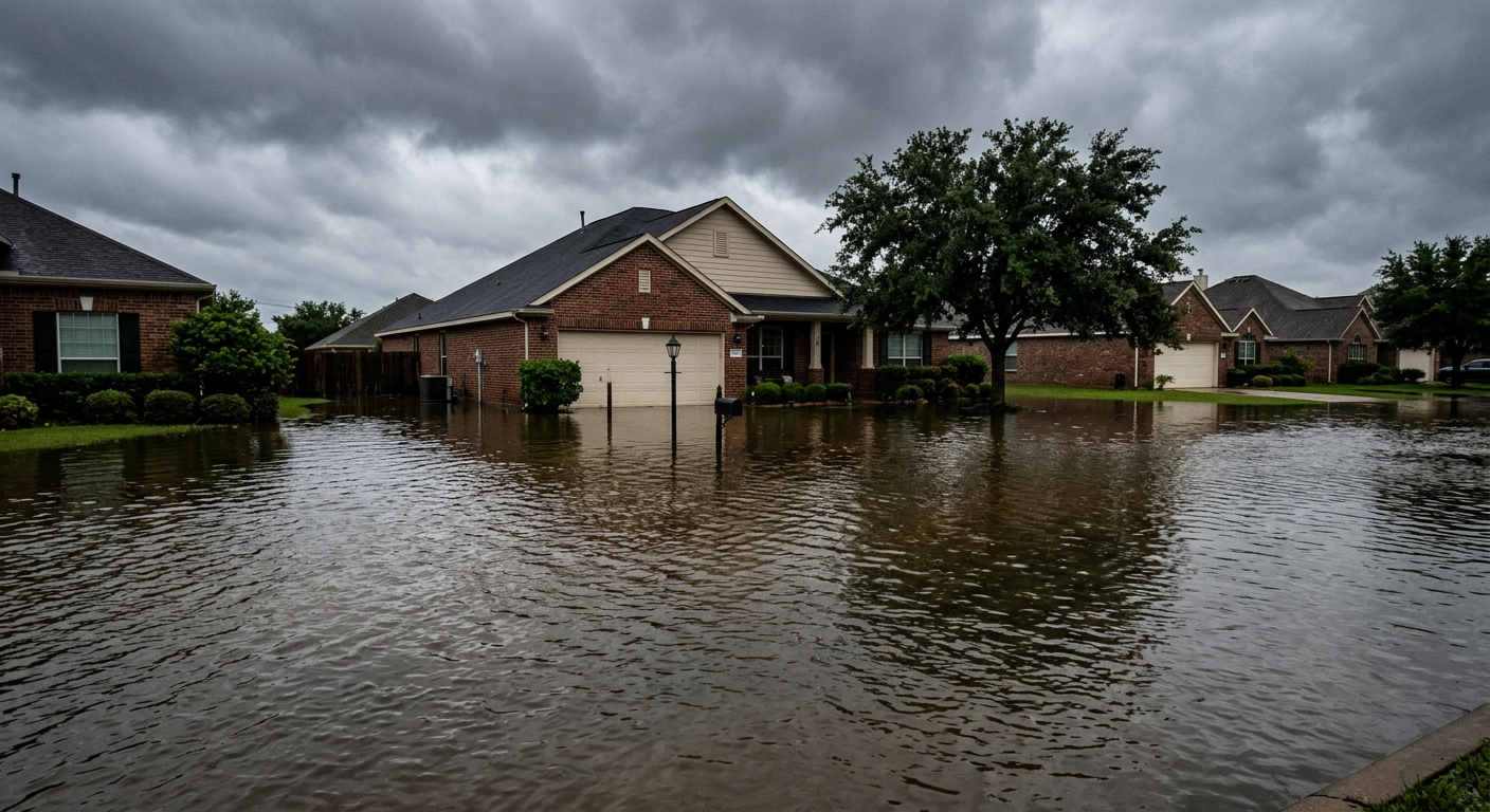 Flooded residential street in a North Texas neighborhood after heavy rainfall with water reaching front yards