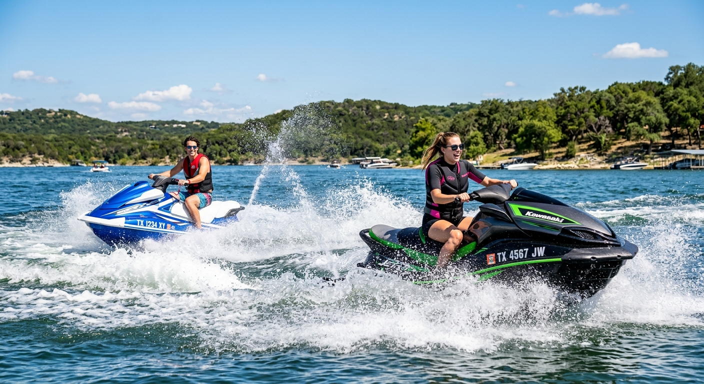 Two riders on jet skis speeding across a sun-lit Texas lake on a clear summer afternoon