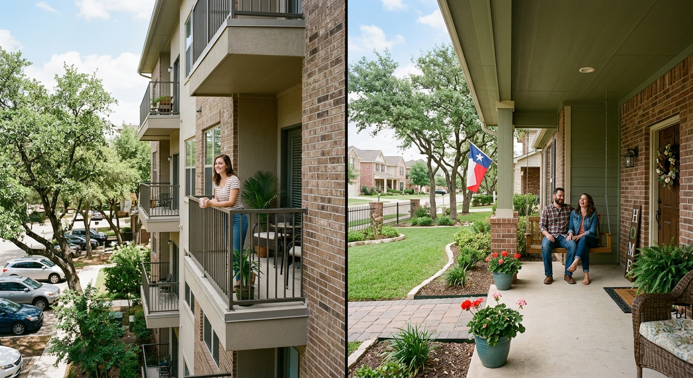 A split-scene image showing a homeowner standing outside a brick house on one side and a renter unpacking boxes in a modern