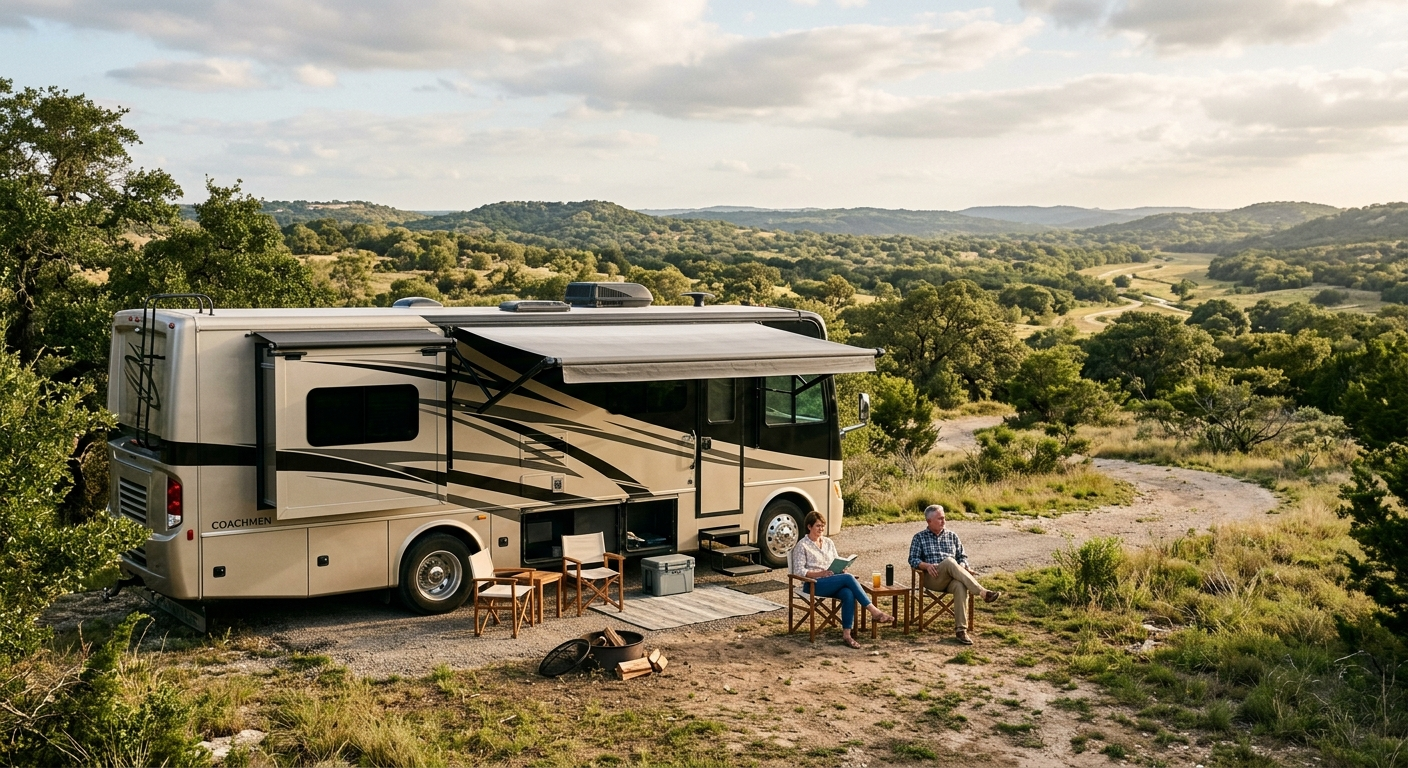 A large Class A motorhome parked at a Texas campground under a wide blue sky with rolling hills in the background