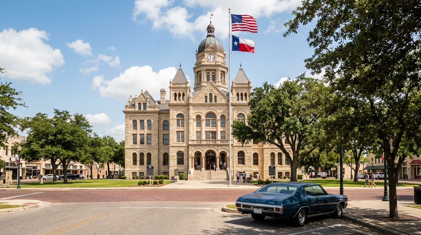 Texas driver reviewing insurance documents at a desk with a laptop and a set of car keys nearby