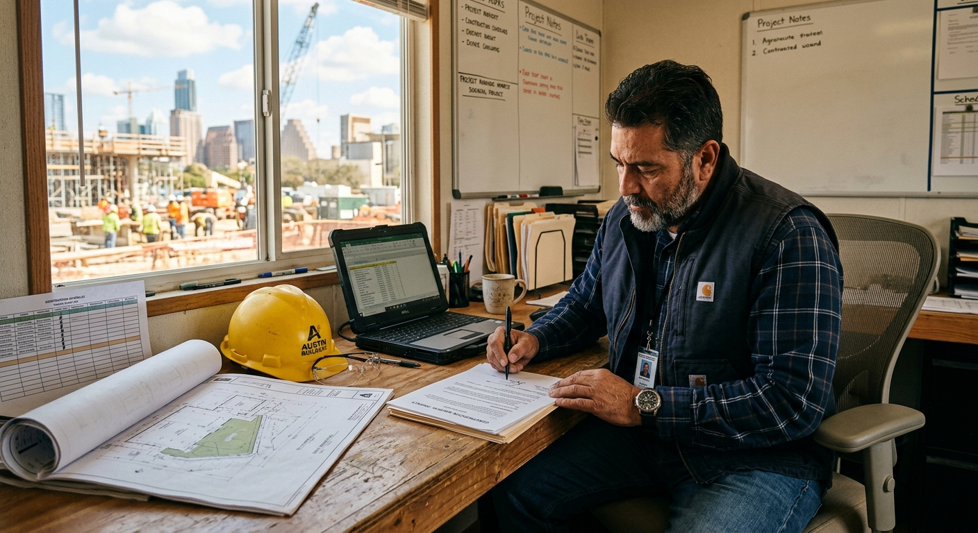 Texas contractor reviewing bond paperwork at a job site trailer in a North Texas commercial construction zone