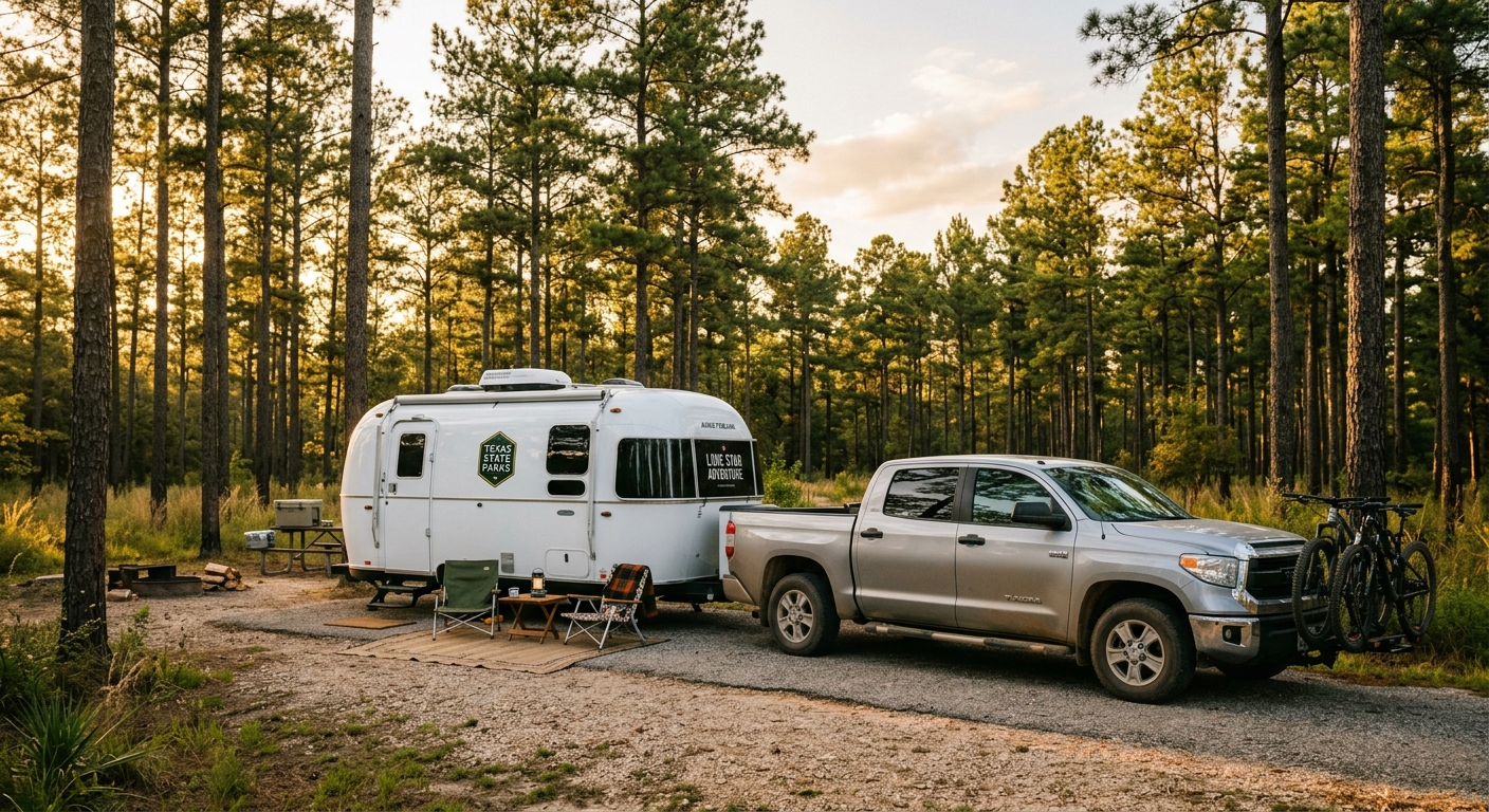 A silver travel trailer parked at a Texas campsite with a clear blue sky and open field in the background