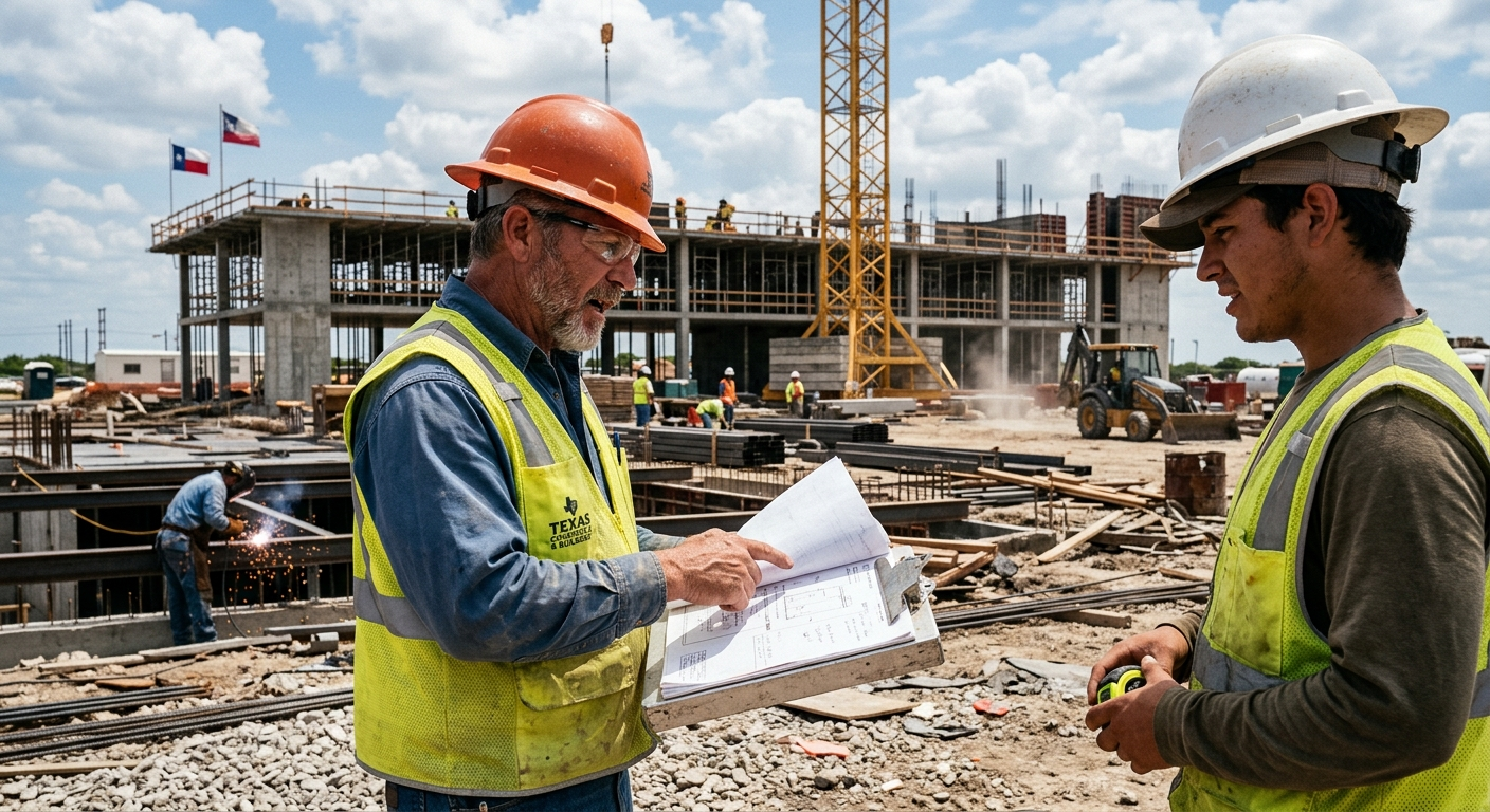 Construction workers on a North Texas job site wearing safety helmets and vests, reviewing plans on a clipboard