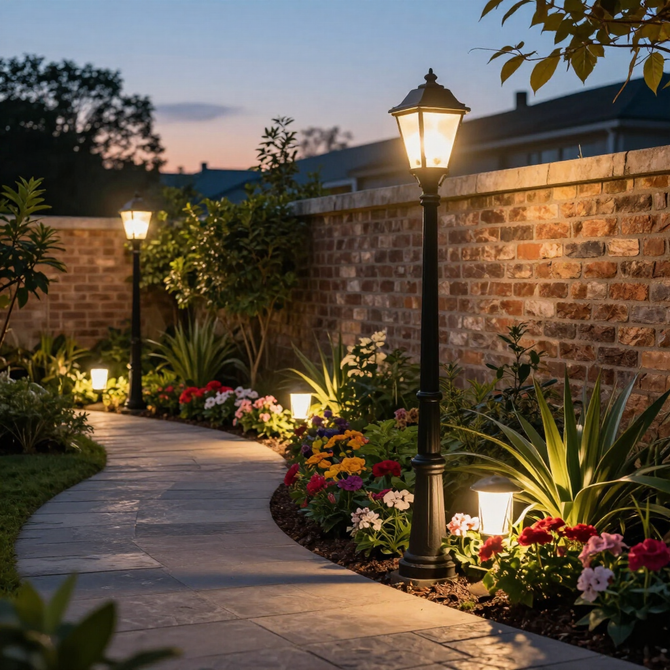 Curved garden path with glowing lanterns, brick wall, and colorful flower beds at dusk