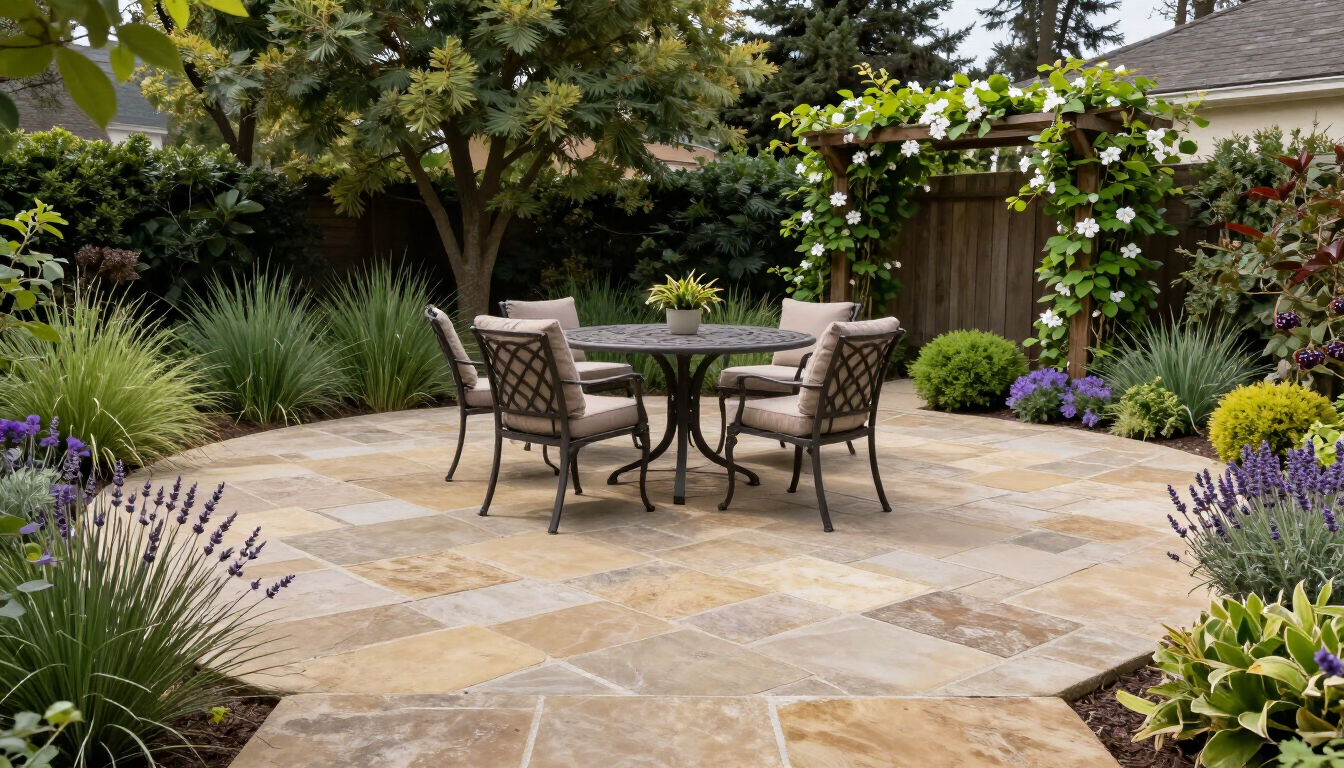 Patio with round table and chairs surrounded by lush garden plants and flowers