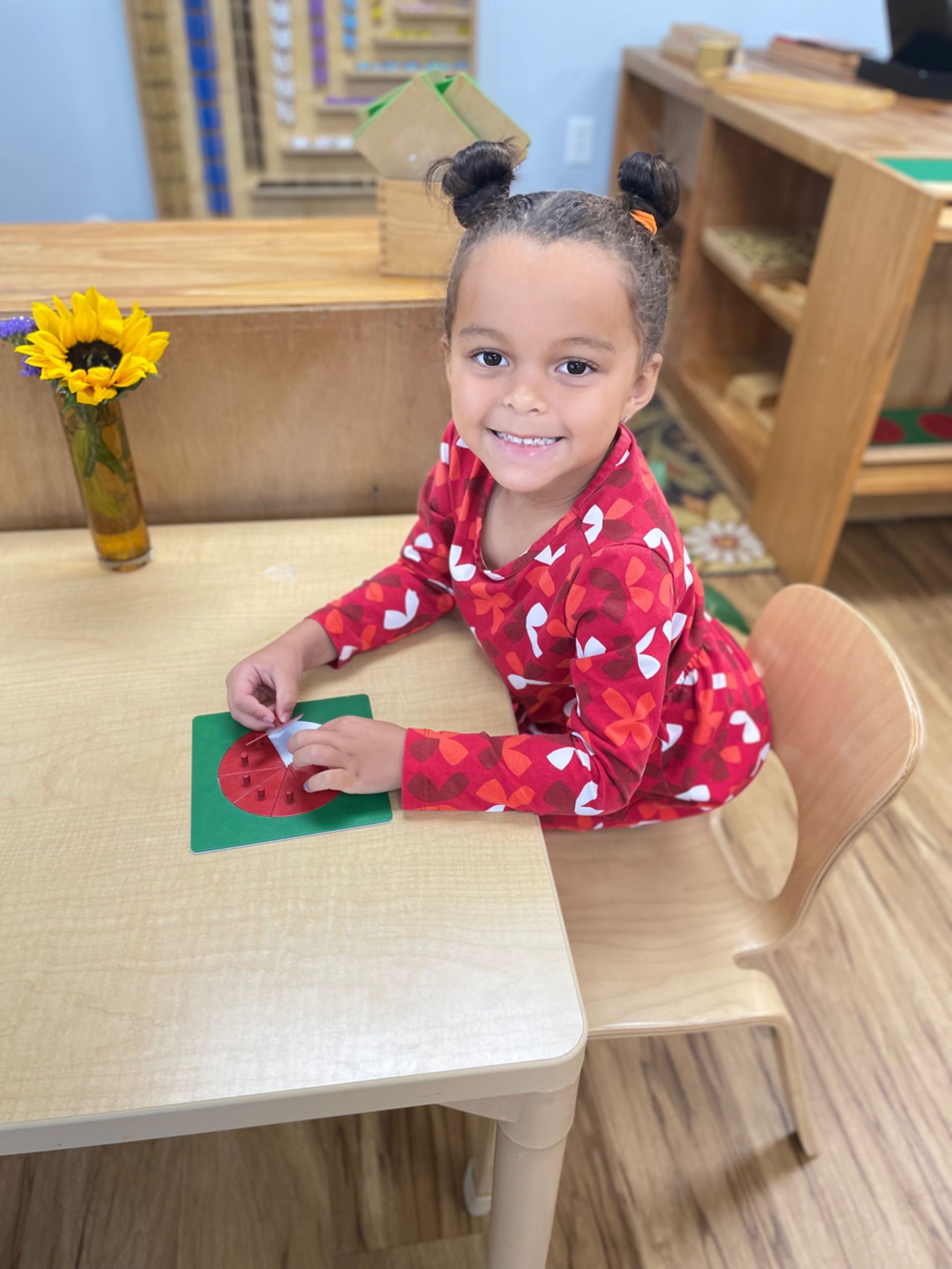 Montessori child working on fractions