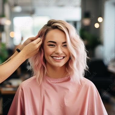 Eine Frau mit rosa Haaren lässt sich von einem Friseur die Haare schneiden.