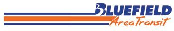 Logo for Bluefield Area Transit: blue text "BLUEFIELD," orange "Area Transit," with horizontal blue, orange, and blue lines.