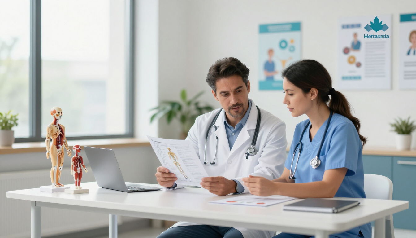 Doctor and nurse reviewing notes at a desk beside a laptop in a bright clinic office