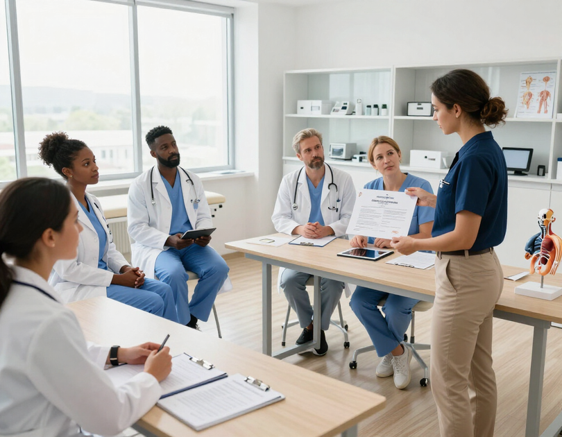 Medical team meeting in a bright office, with a presenter explaining charts to seated colleagues.