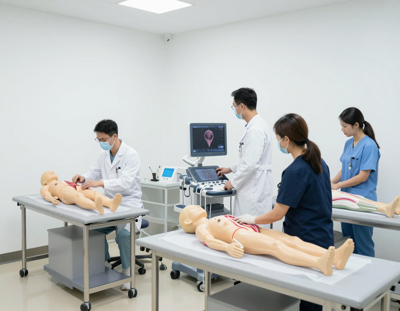 Medical training lab with doctors and students practicing on mannequins in a bright clinical room
