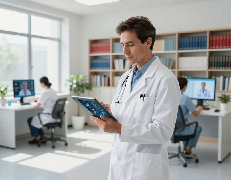 Doctor reviewing a tablet in a bright office with coworkers at desks and medical bookshelves in the background