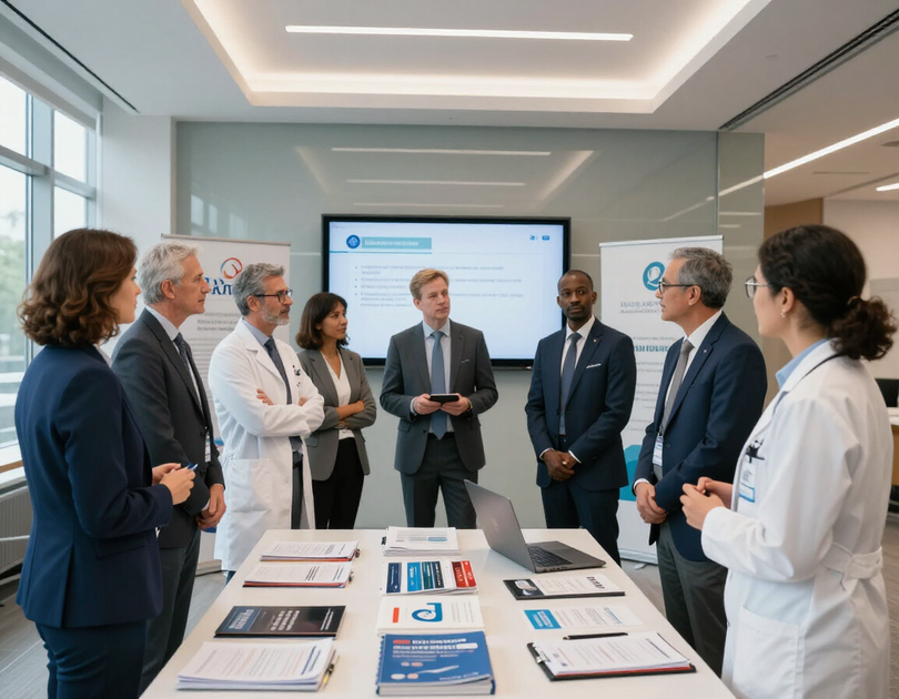 Group of professionals in lab coats and suits gathered around a conference table in a bright meeting room.