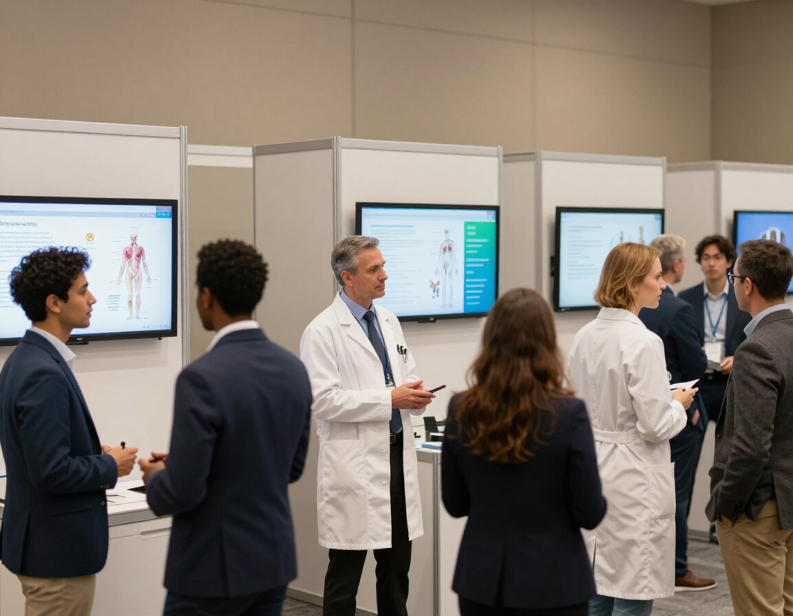 People in business attire and lab coats networking at a conference booth with wall-mounted screens.