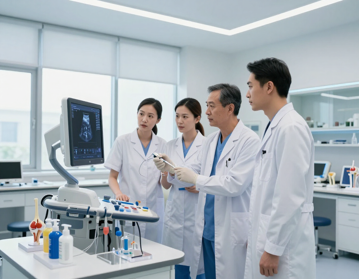 Doctors in white coats reviewing a monitor in a bright laboratory