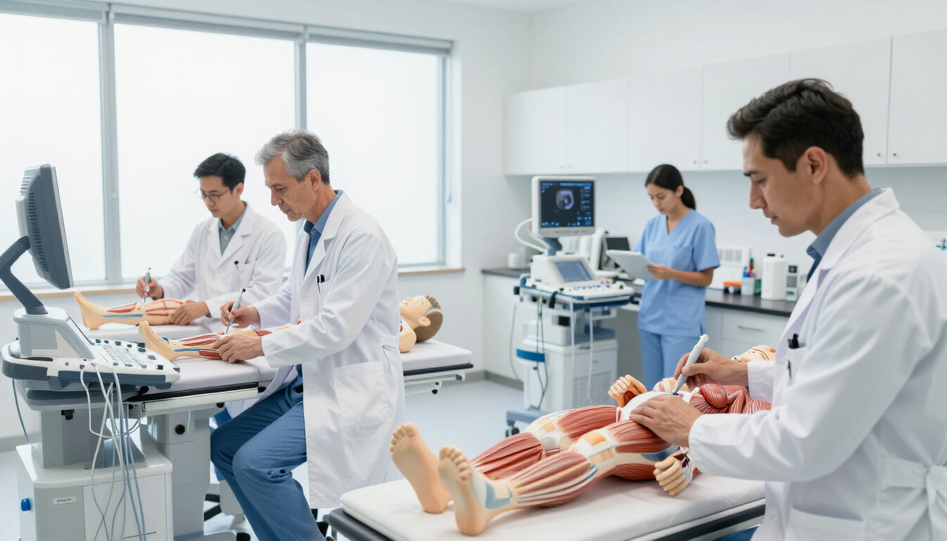 Medical students and doctors examine an anatomical model in a bright hospital training room.