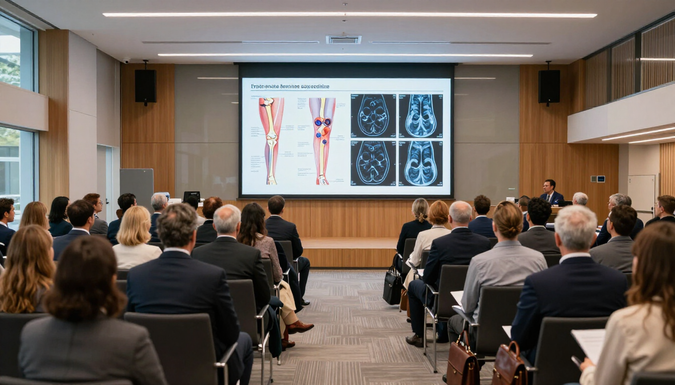 Auditorium presentation on medical scans with seated audience facing large screen