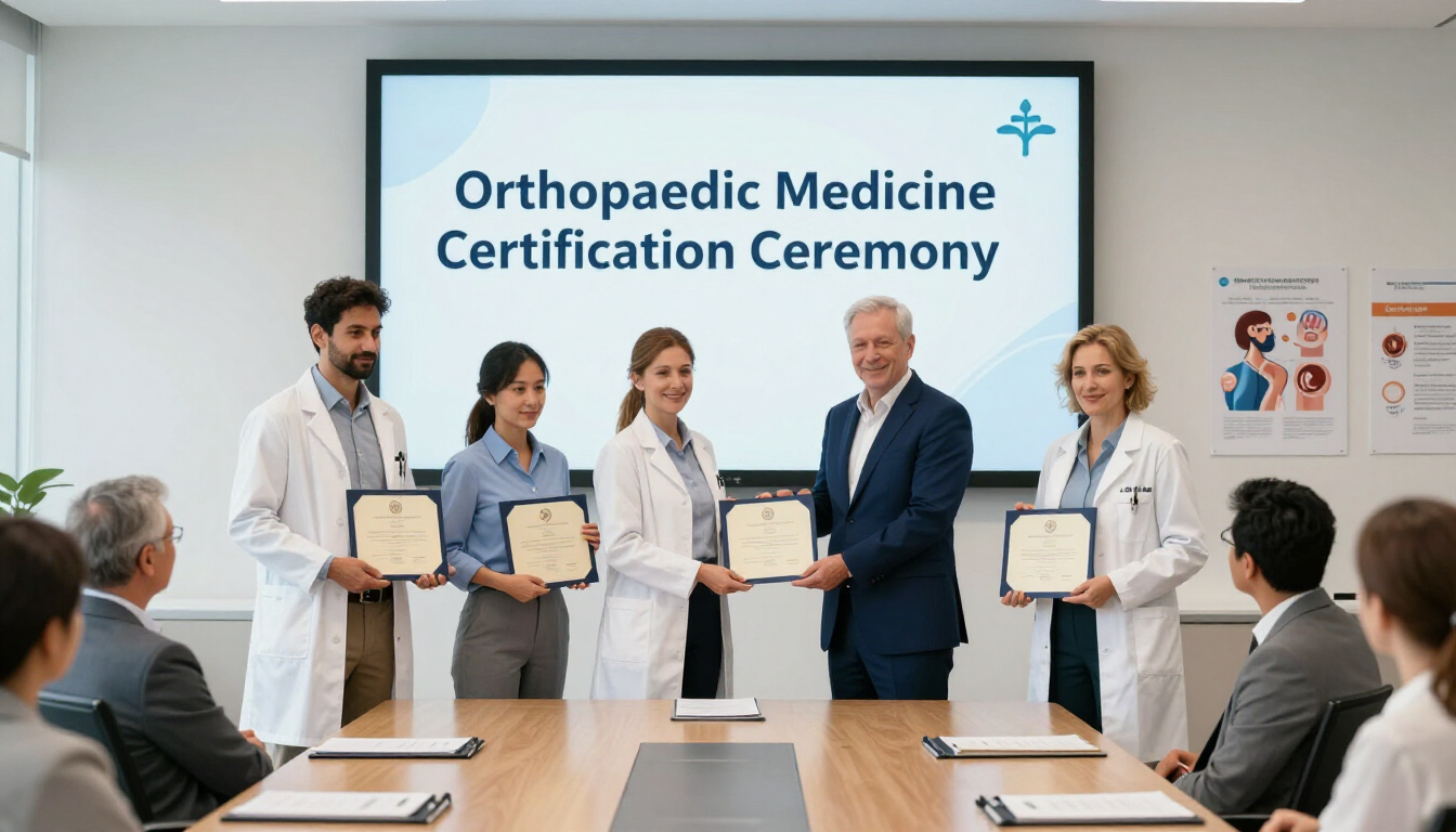 Orthopaedic Medicine certification ceremony with five people holding certificates in a conference room