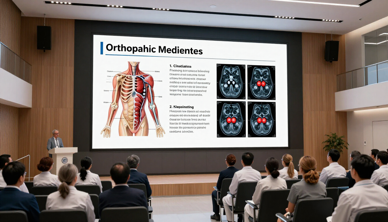 Medical lecture in an auditorium showing orthopedic anatomy and scan images on a large presentation screen.