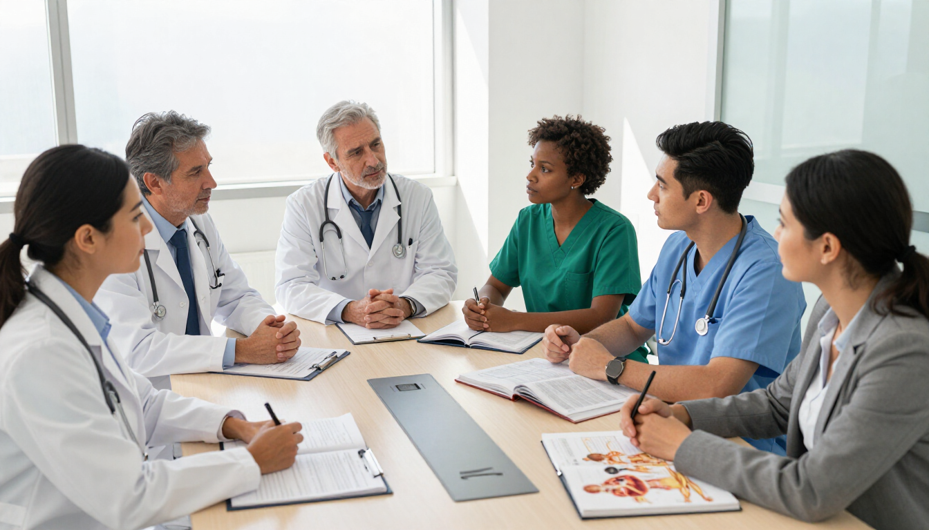 Doctors and nurses in a meeting around a conference table in a bright clinic office