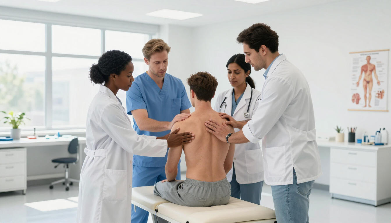 Medical team examining a patient’s back in a bright clinic room