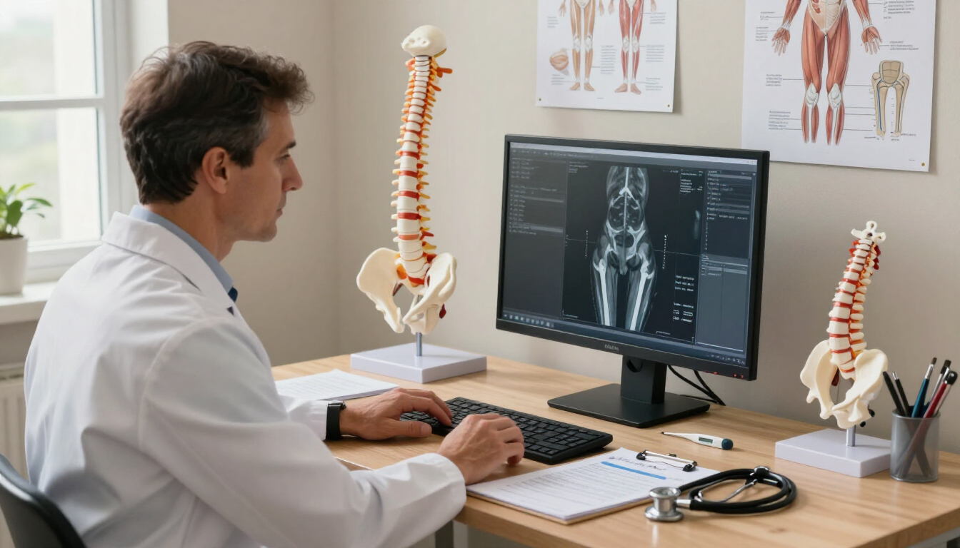 Doctor reviewing spine scans on a computer in a clinic office, with anatomical spine models nearby