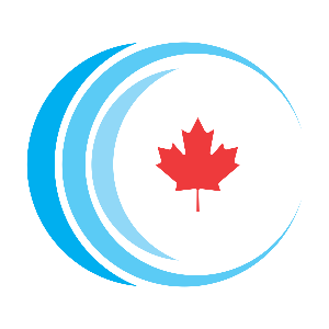 Red maple leaf centered on white circle with blue crescent swooshes, resembling a Canada-themed logo