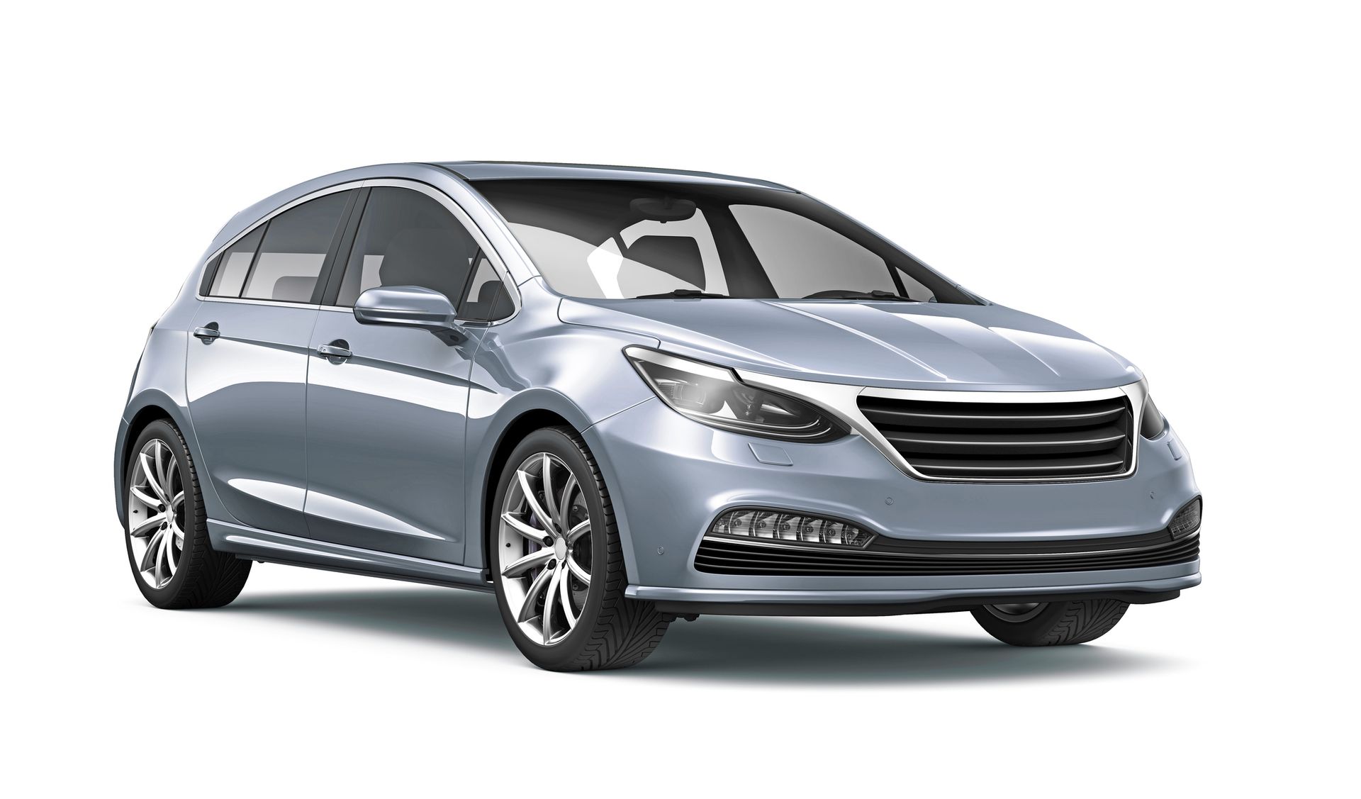 A silver hatchback car is shown on a white background.