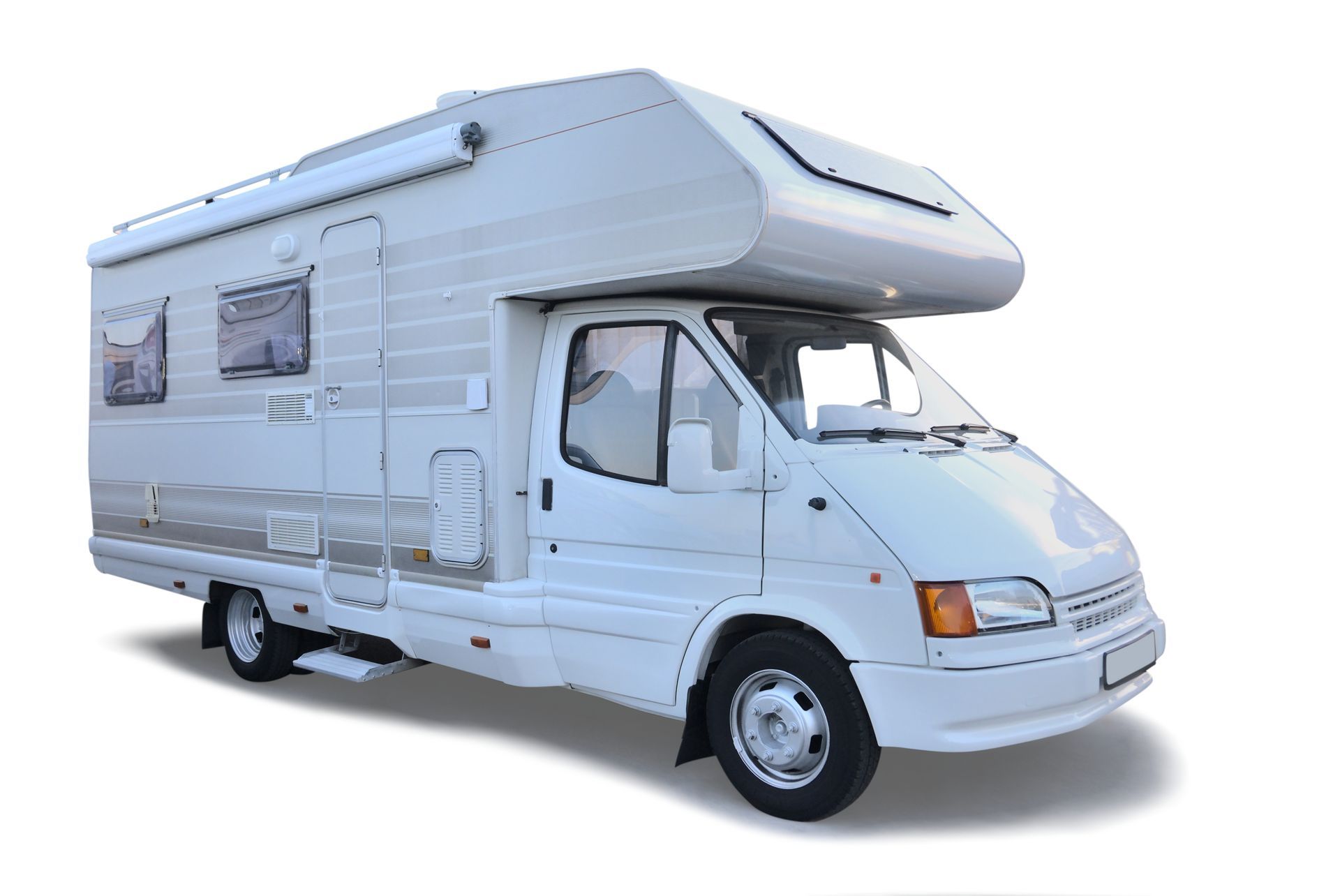 A white rv is parked on a white background