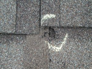 Close-up of asphalt roof shingles. White chalk marks show damage and a hole in the roof.