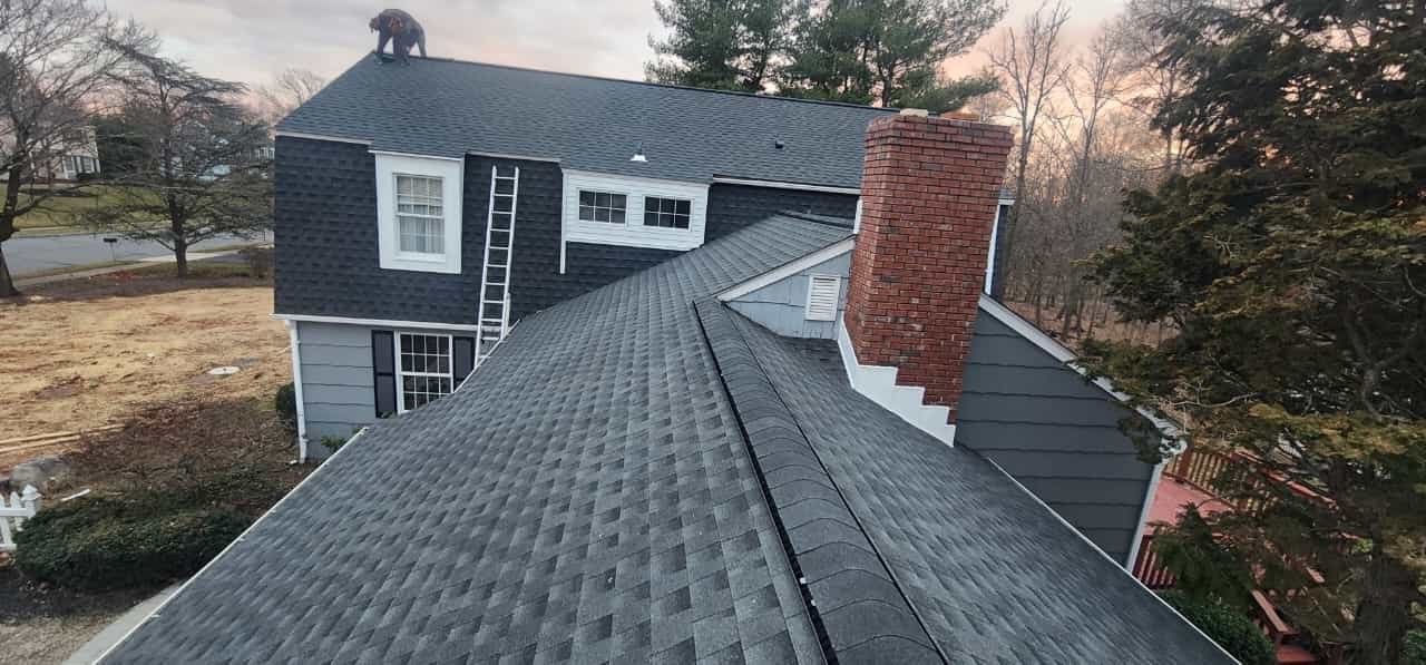 View of a house roof, chimney, and surrounding trees.