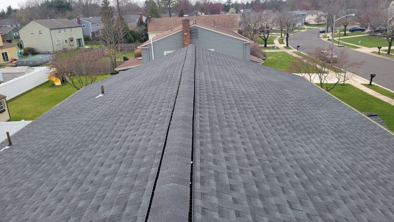 Gray shingled rooftop with a central ridge, visible in a suburban neighborhood.