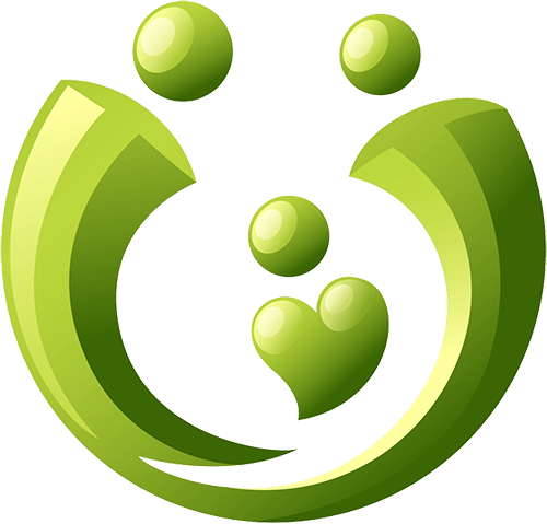 Green stylized family: two adults embracing a child, with a heart shape, representing love.