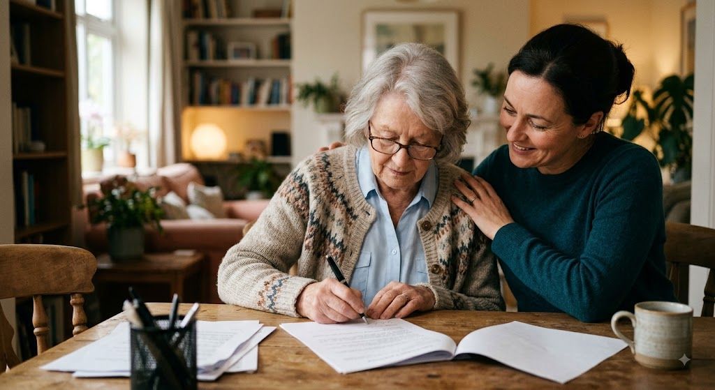 Senior woman signing a document at home while her daughter offers supportive guidance