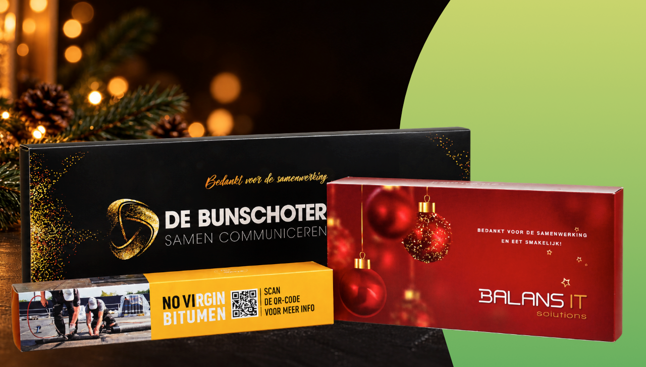 gepersonaliseerde verpakking relatiegeschenk, bedrukte zalmdoos, banketstaafdoos bedrukken, stoldoos